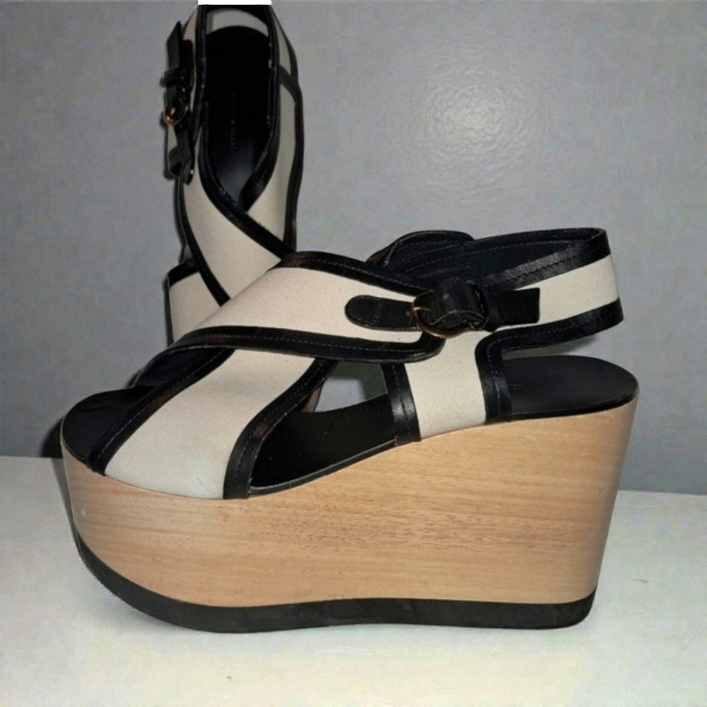 Isabel Marant "Zlova" Wedge EU 40 (9/9.5 US) Black Leather White Cotton Buckles - Picture 2 of 13